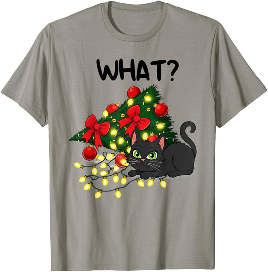 Funny Black Cat Pushing Christmas Tree Over Cat What? Xmas T-Shirt - T-Shirt | Sand