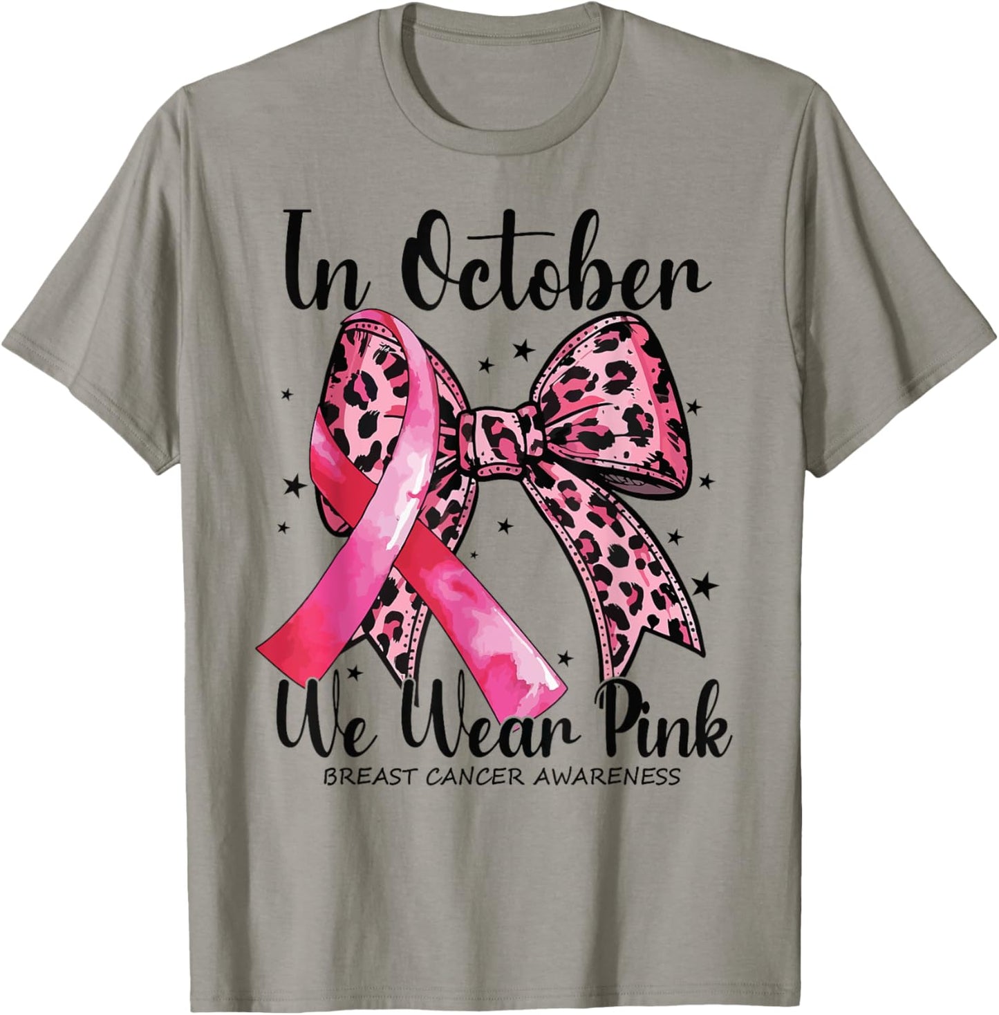 In October We Wear Pink Coquette Bow Leopard Breast Cancer T-Shirt - T-Shirt | Sand