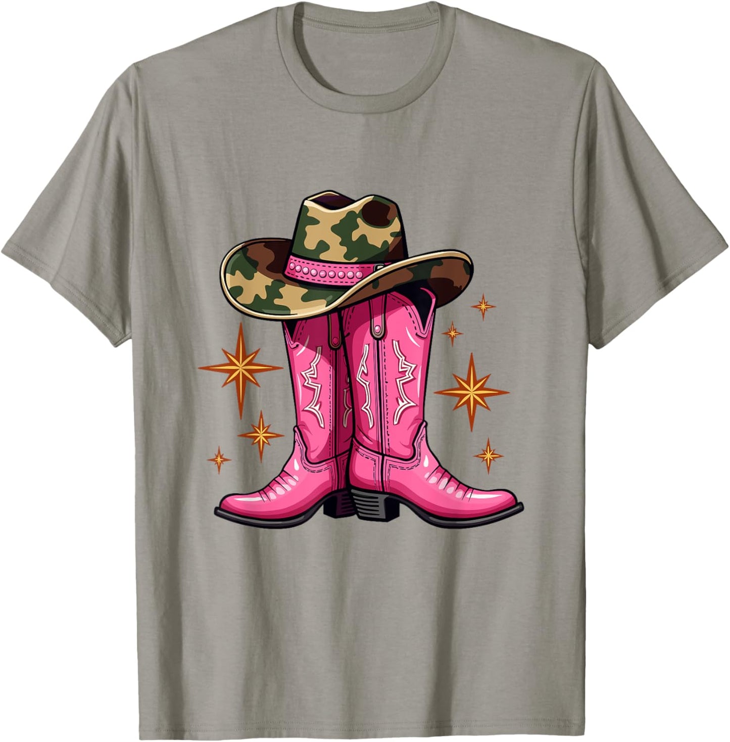 Pink Cowboy Boots & Camo Hat Country Western T-Shirt - T-Shirt | Sand