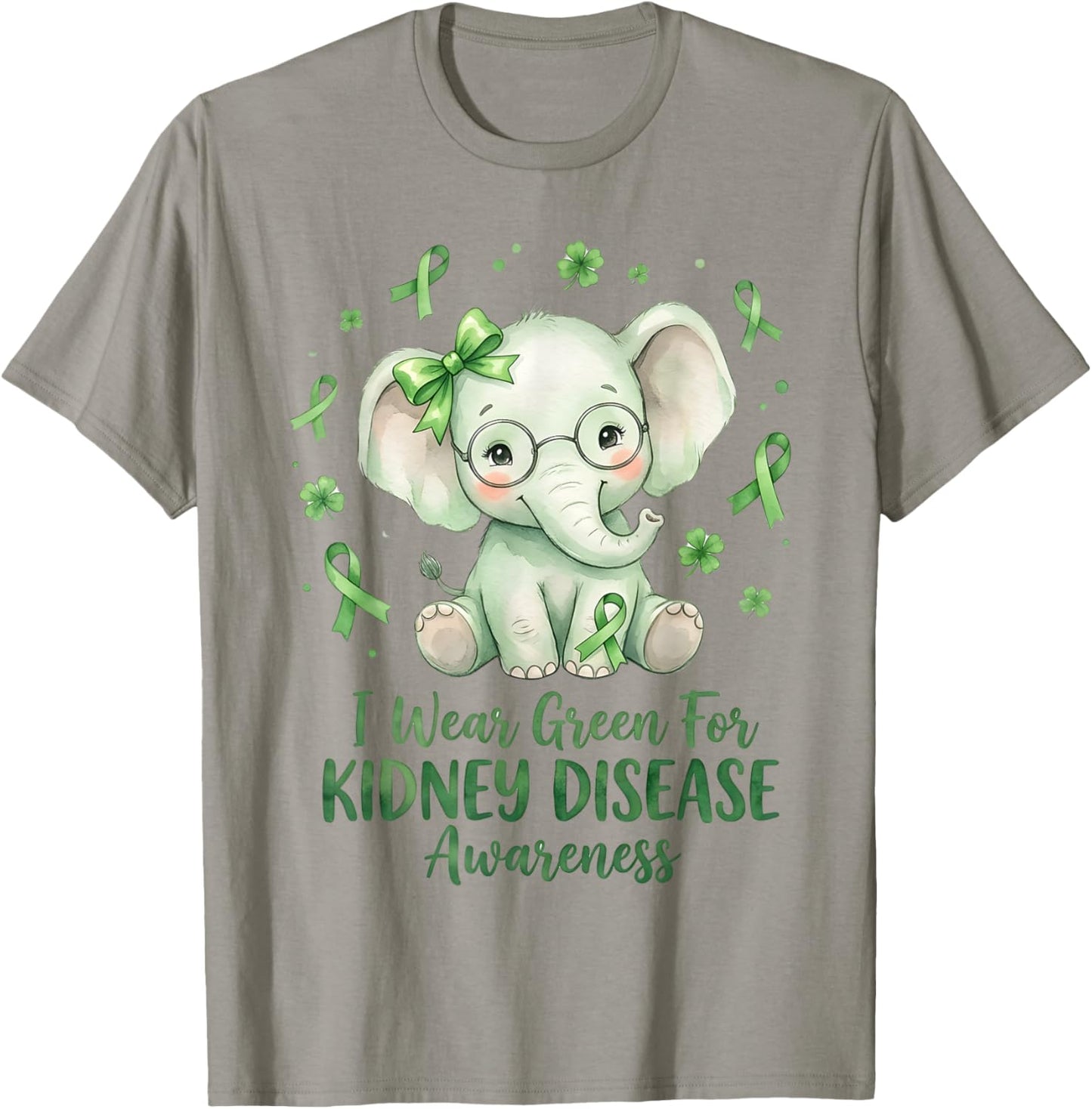 I Wear Green for Kidney Disease Awareness Cute Elephant T-Shirt - T-Shirt | Sand