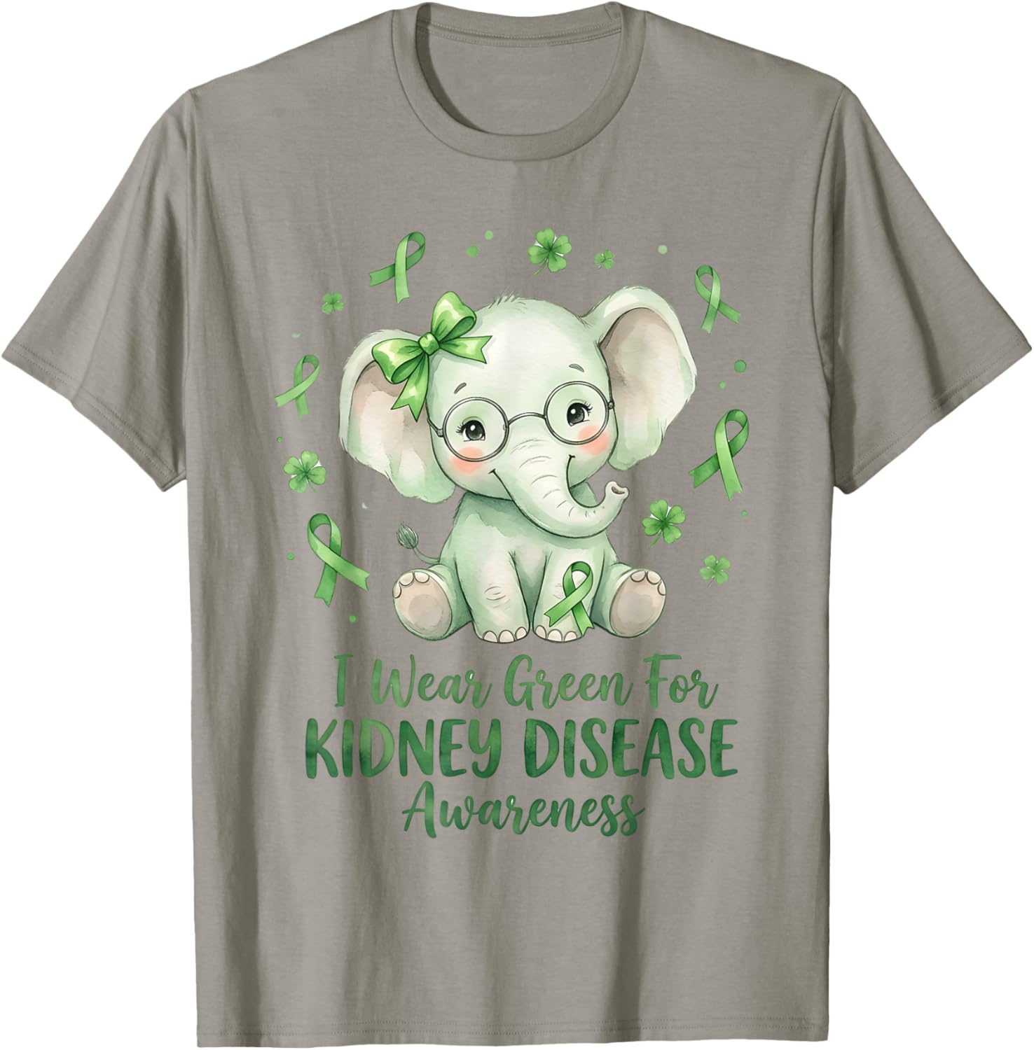 I Wear Green for Kidney Disease Awareness Cute Elephant T-Shirt - T-Shirt | Sand