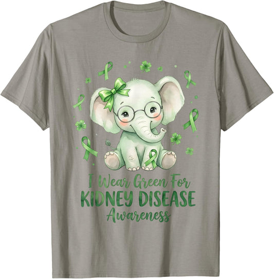 I Wear Green for Kidney Disease Awareness Cute Elephant T-Shirt - T-Shirt | Sand