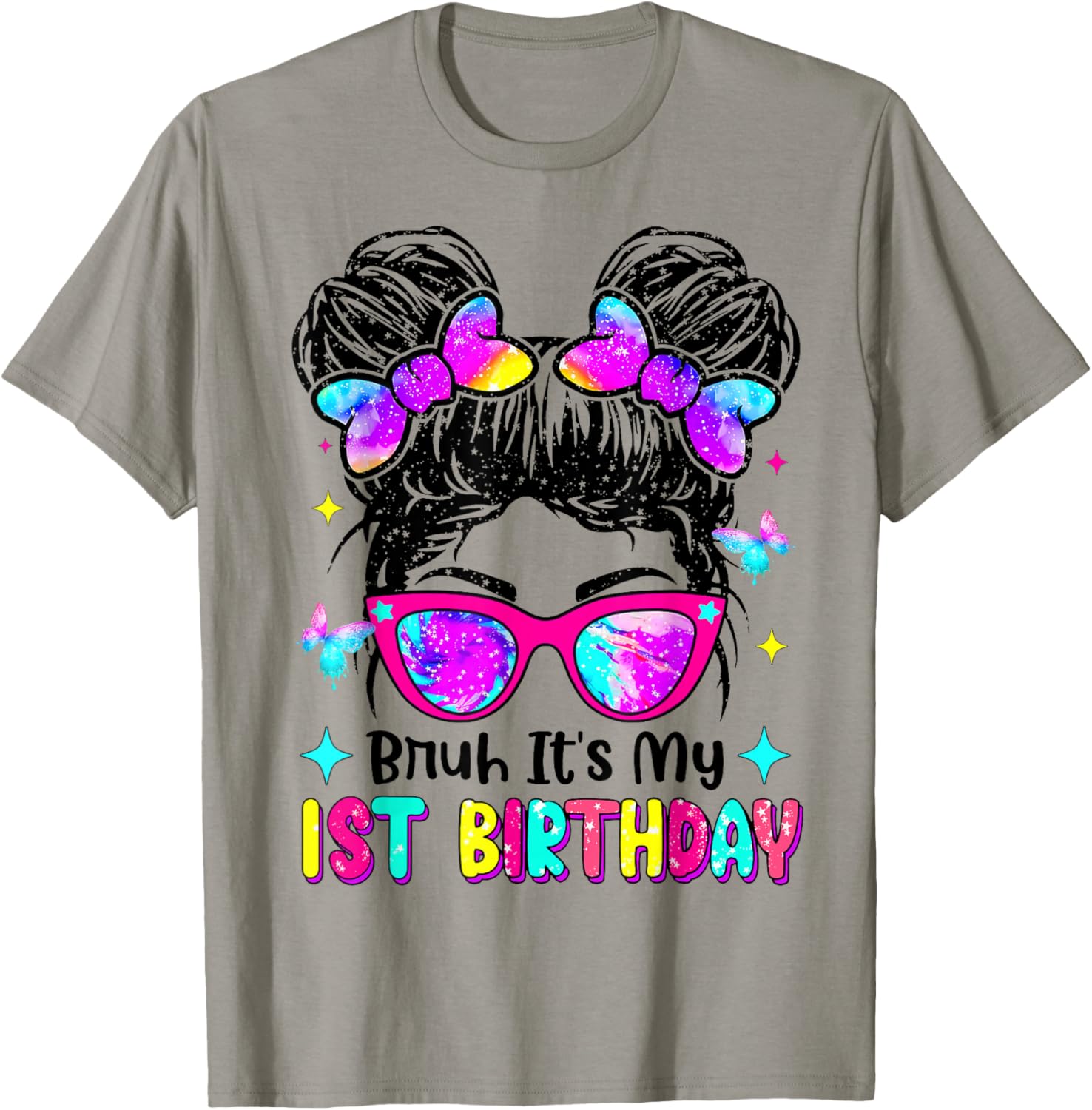 Retro Bruh It's My 1st Birthday Messy Bun Girl T-Shirt - T-Shirt | Sand