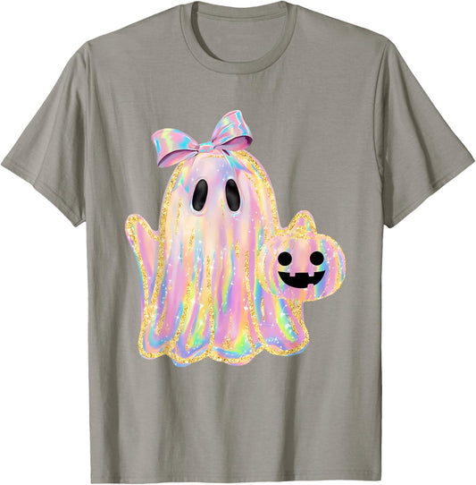 Disco Ghost Pumpkin Halloween Girly Coquette Bow T-Shirt - T-Shirt | Sand