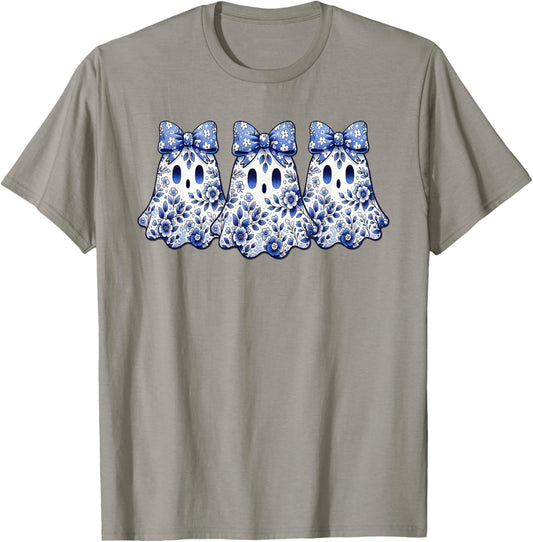 Coquette Toile Ghost Coquette Blue Floral Halloween Ghost T-Shirt - T-Shirt | Sand