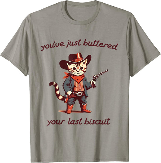 You've Just Buttered Your Last Biscuit Cowboy Cat Vintage T-Shirt - T-Shirt | Sand
