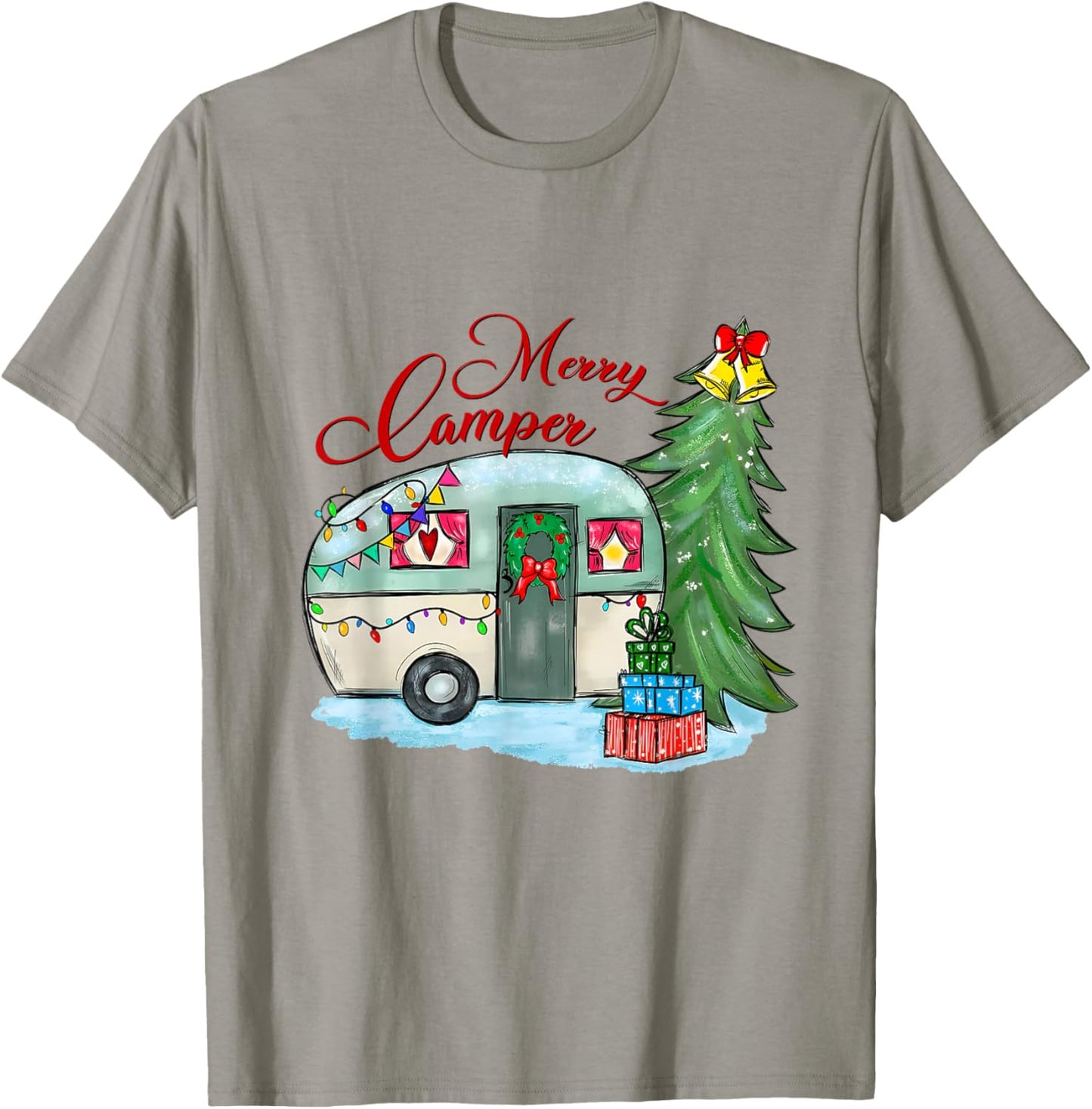 Merry Camper Christmas Santa Camper Camping Truck Xmas Tree T-Shirt - T-Shirt | Sand
