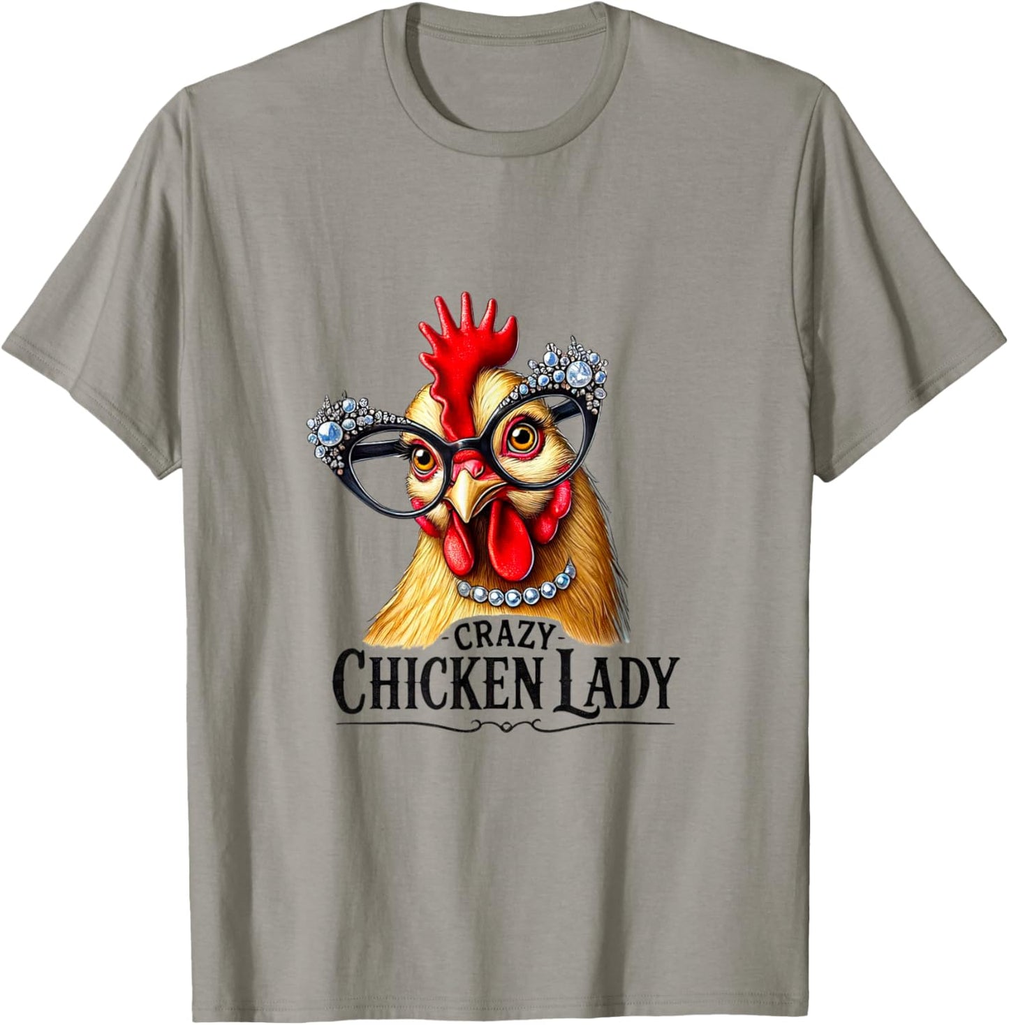 Funny Crazy Chicken Lady Wearing Glasses T-Shirt - T-Shirt | Sand