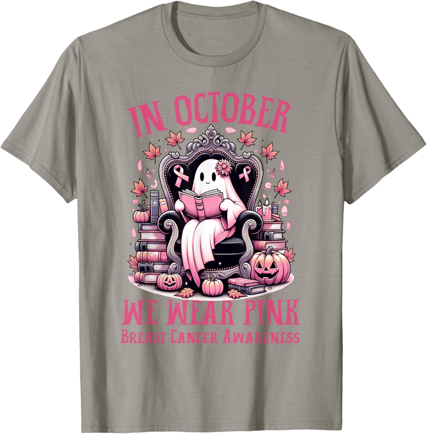 In October We Wear Pink Ghost Book Reading Breast Cancer T-Shirt - T-Shirt | Sand