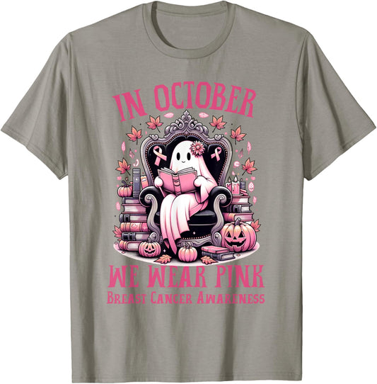 In October We Wear Pink Ghost Book Reading Breast Cancer T-Shirt - T-Shirt | Sand