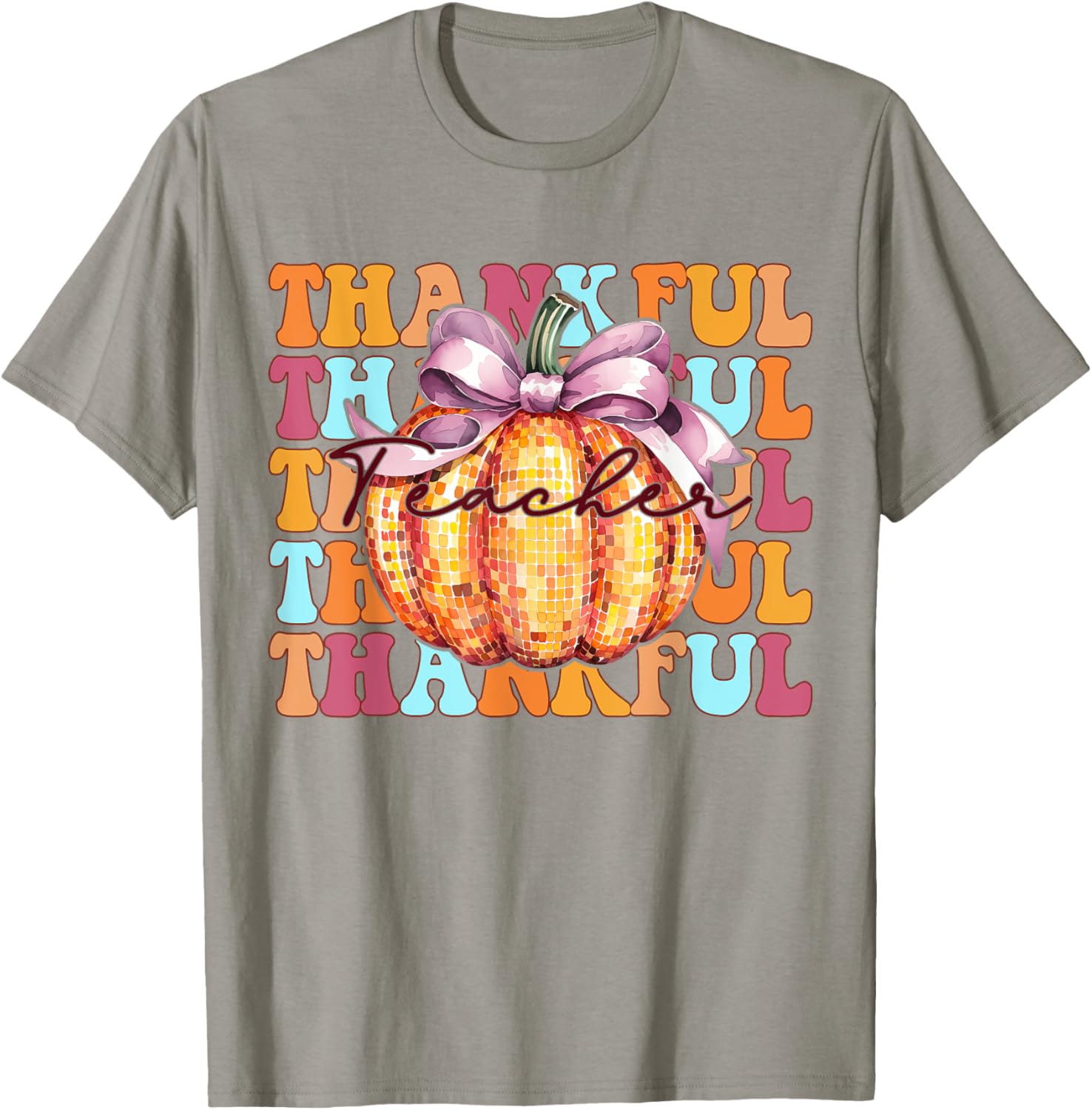 Retro Groovy Coquette Pumpkin Fall Thanksgiving Teacher T-Shirt - T-Shirt | Sand