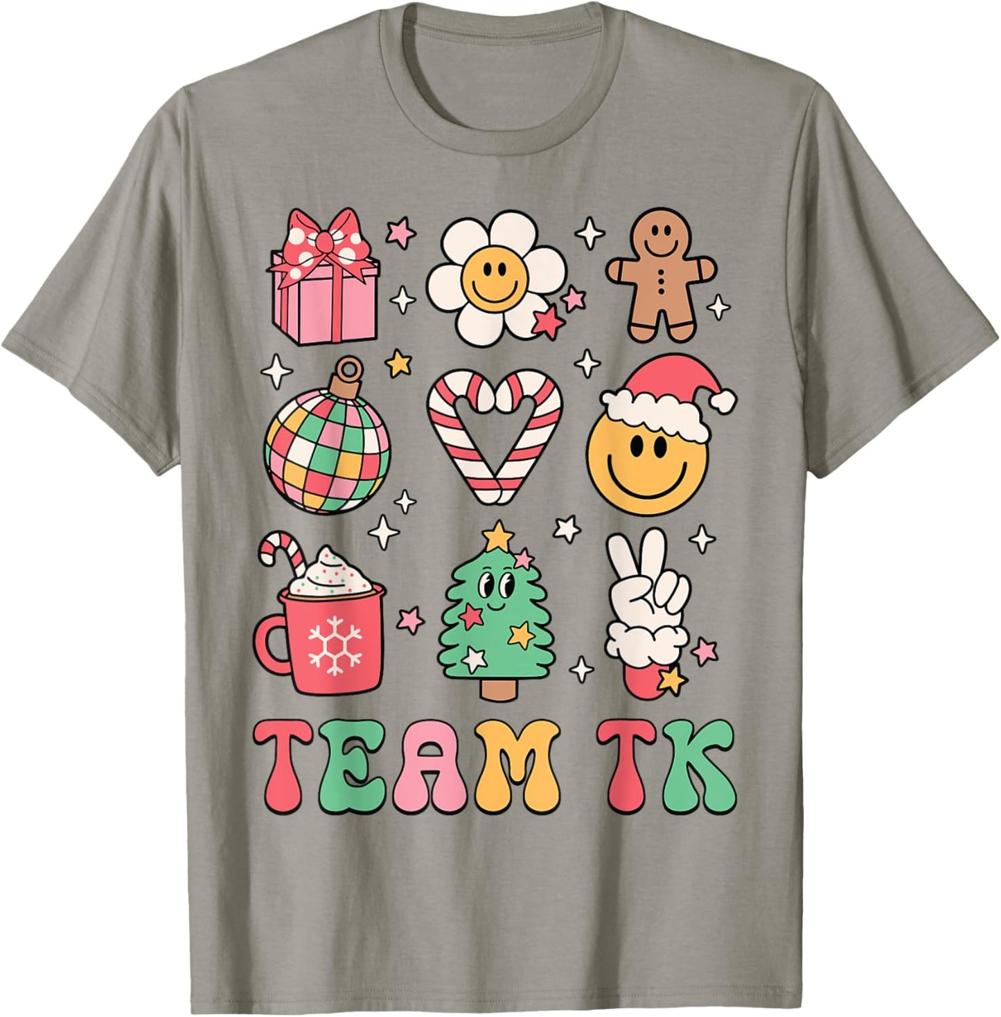 Team TK Teacher Christmas Groovy Smile Face Girl Boy Kid TK T-Shirt - T-Shirt | Sand