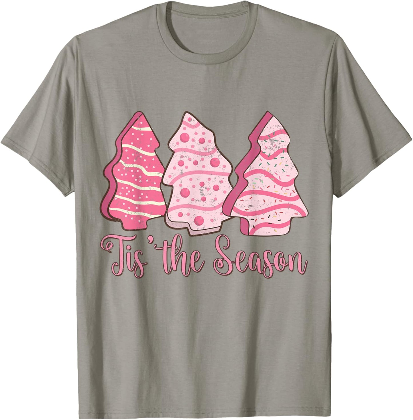 Tis The Season Funny Christmas Lights Tree Pink Cakes Debbie T-Shirt - T-Shirt | Sand