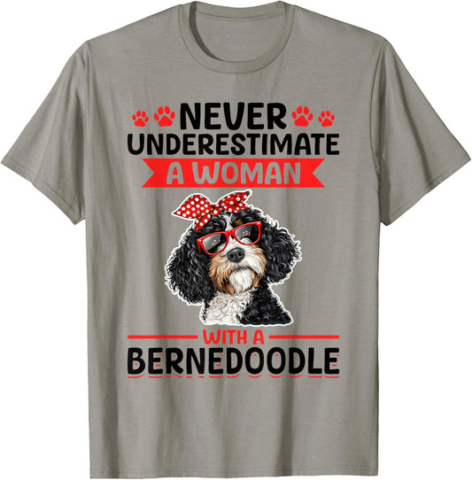 Bernedoodle Dog Breed Never Underestimate a Woman with a T-Shirt - T-Shirt | Sand