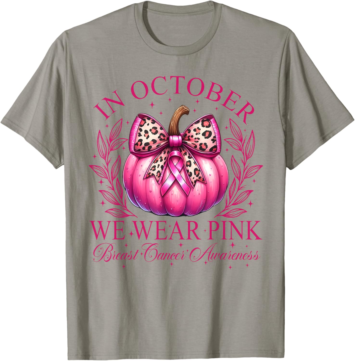 In October We Wear Pink Coquette Bow Pumpkin Breast Cancer T-Shirt - T-Shirt | Sand