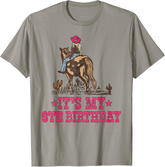 6 Year Old Cowgirl Riding Horse It's my 6th Birthday T-Shirt - T-Shirt | Sand