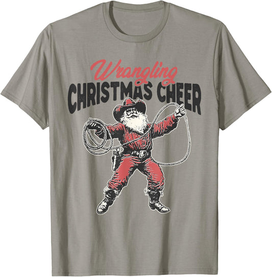 Wrangling Christmas Cheer Cowboy Santa Claus Western Xmas T-Shirt - T-Shirt | Sand