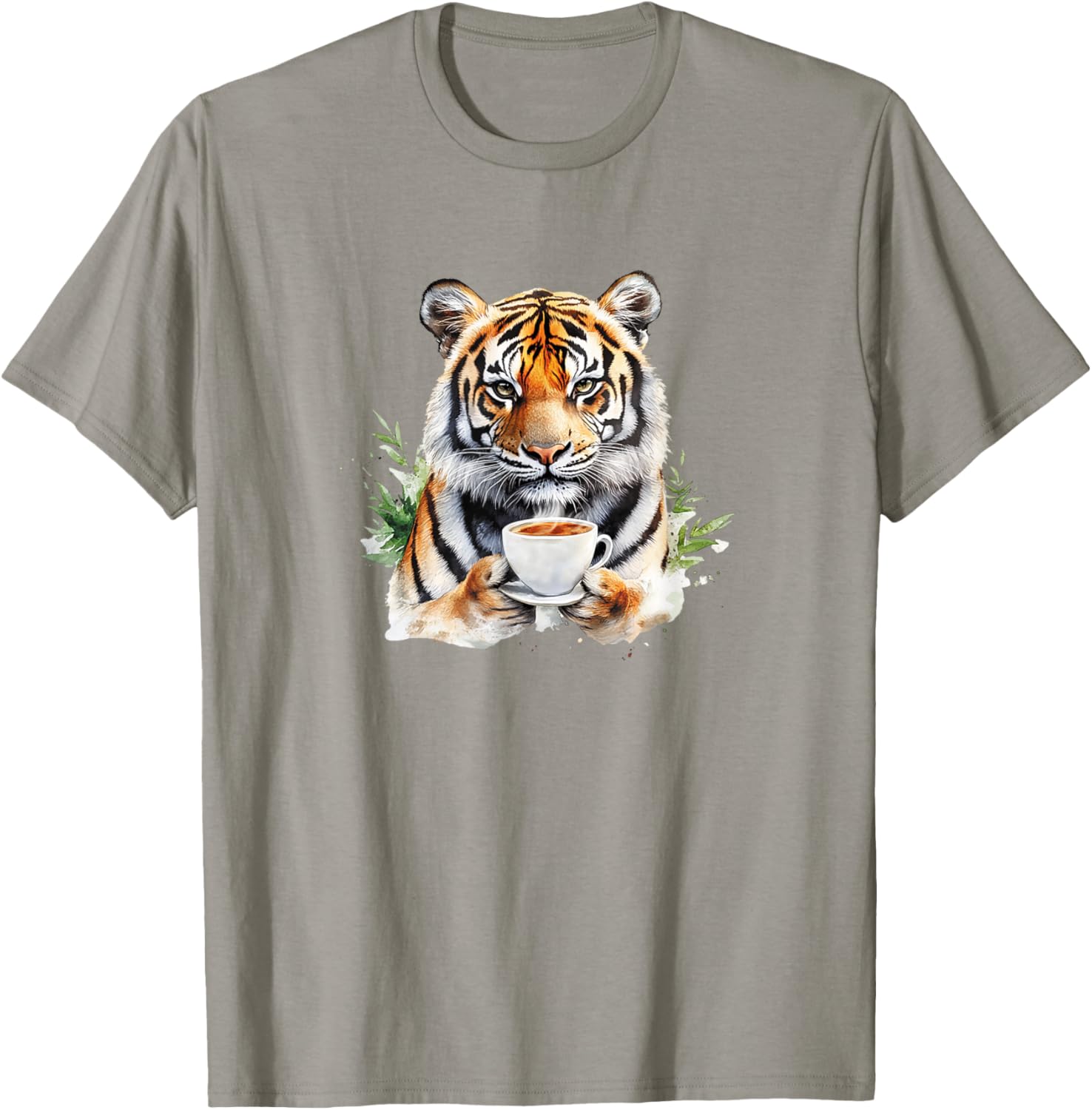 Animals Drinking Coffee - A Cute Tiger Holding A Coffee T-Shirt - T-Shirt | Sand