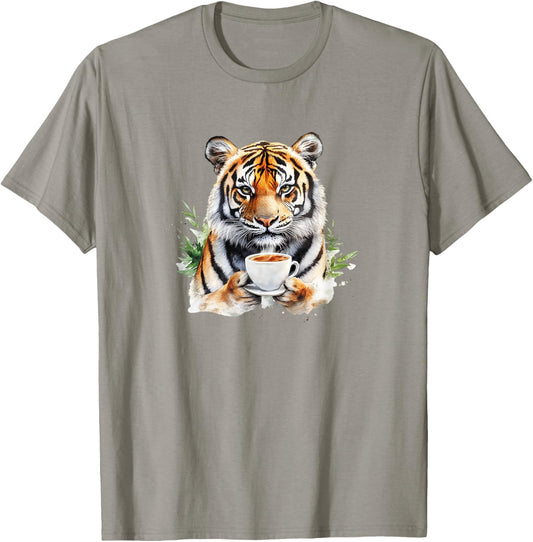 Animals Drinking Coffee - A Cute Tiger Holding A Coffee T-Shirt - T-Shirt | Sand