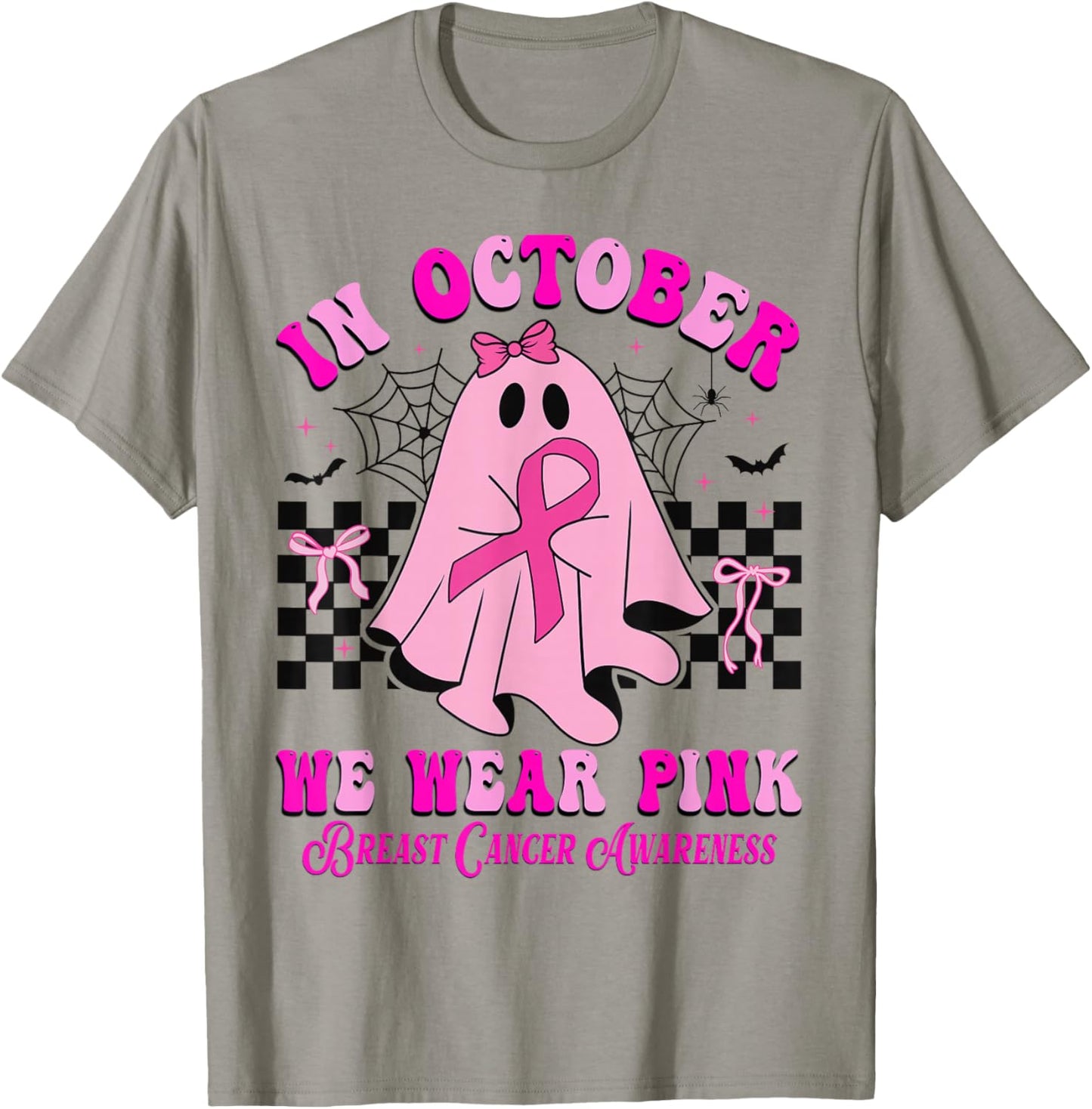 In October We Wear Pink Ghost Halloween Breast Cancer Ribbon T-Shirt - T-Shirt | Sand