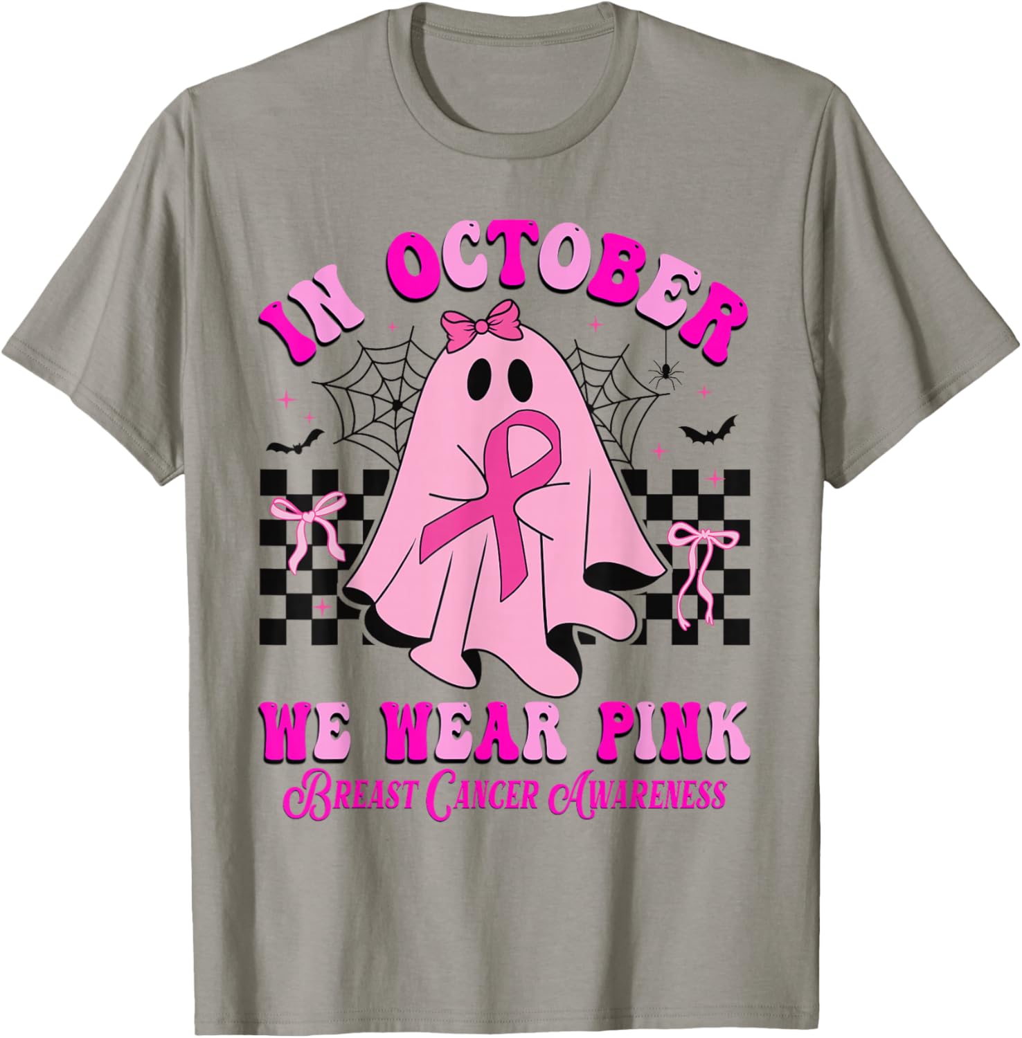 In October We Wear Pink Ghost Halloween Breast Cancer Ribbon T-Shirt - T-Shirt | Sand