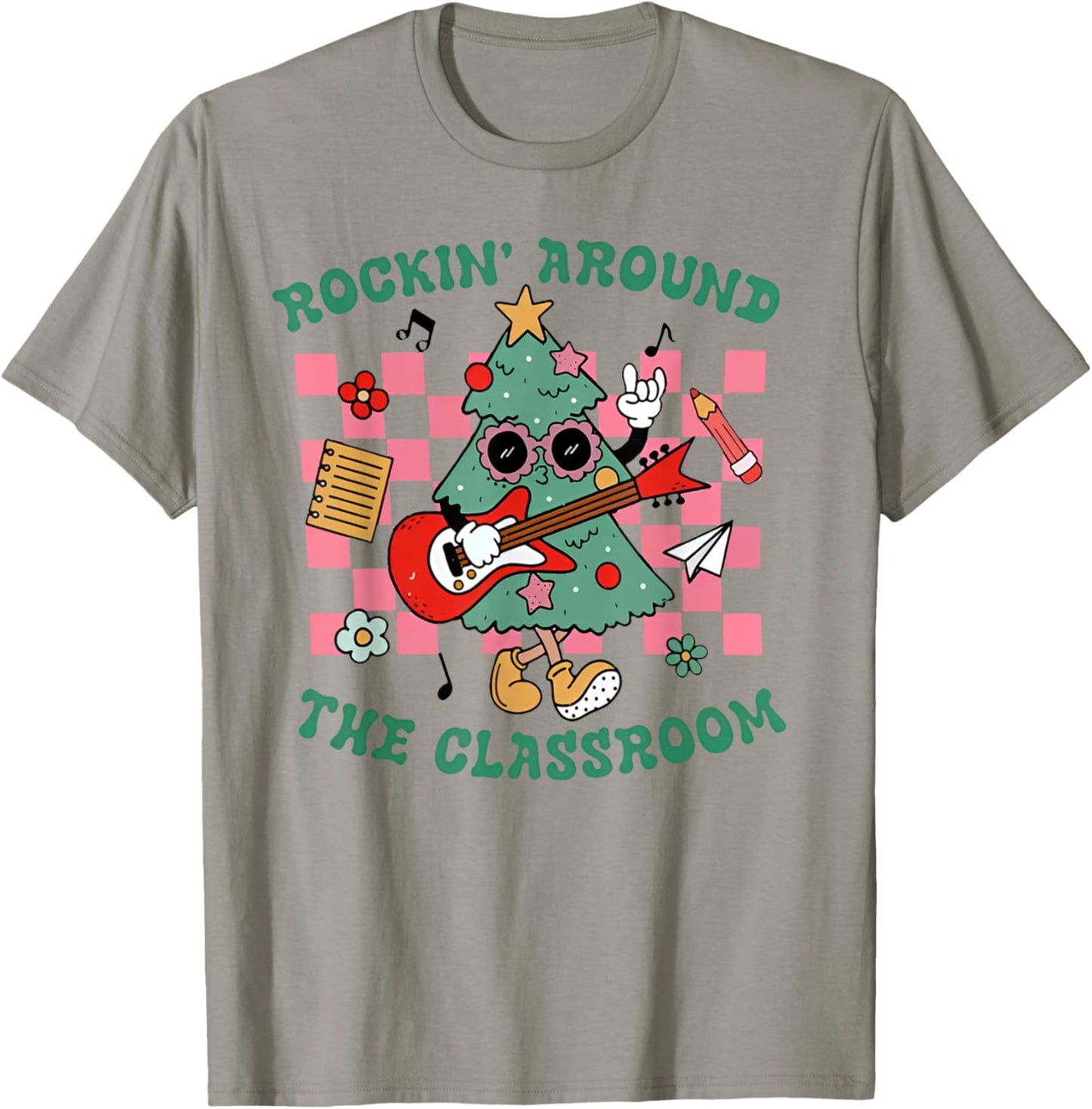 Retro Groovy Teacher Christmas Rockin' Around The Classroom T-Shirt - T-Shirt | Sand