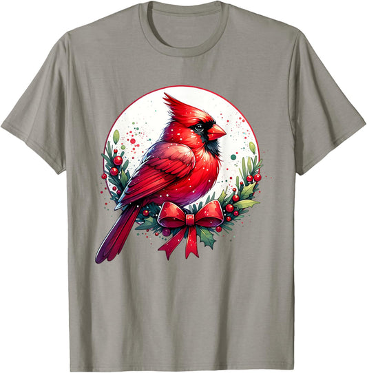 Festive Cute Red Cardinal Bird Christmas Winter Nature Lover T-Shirt - T-Shirt | Sand