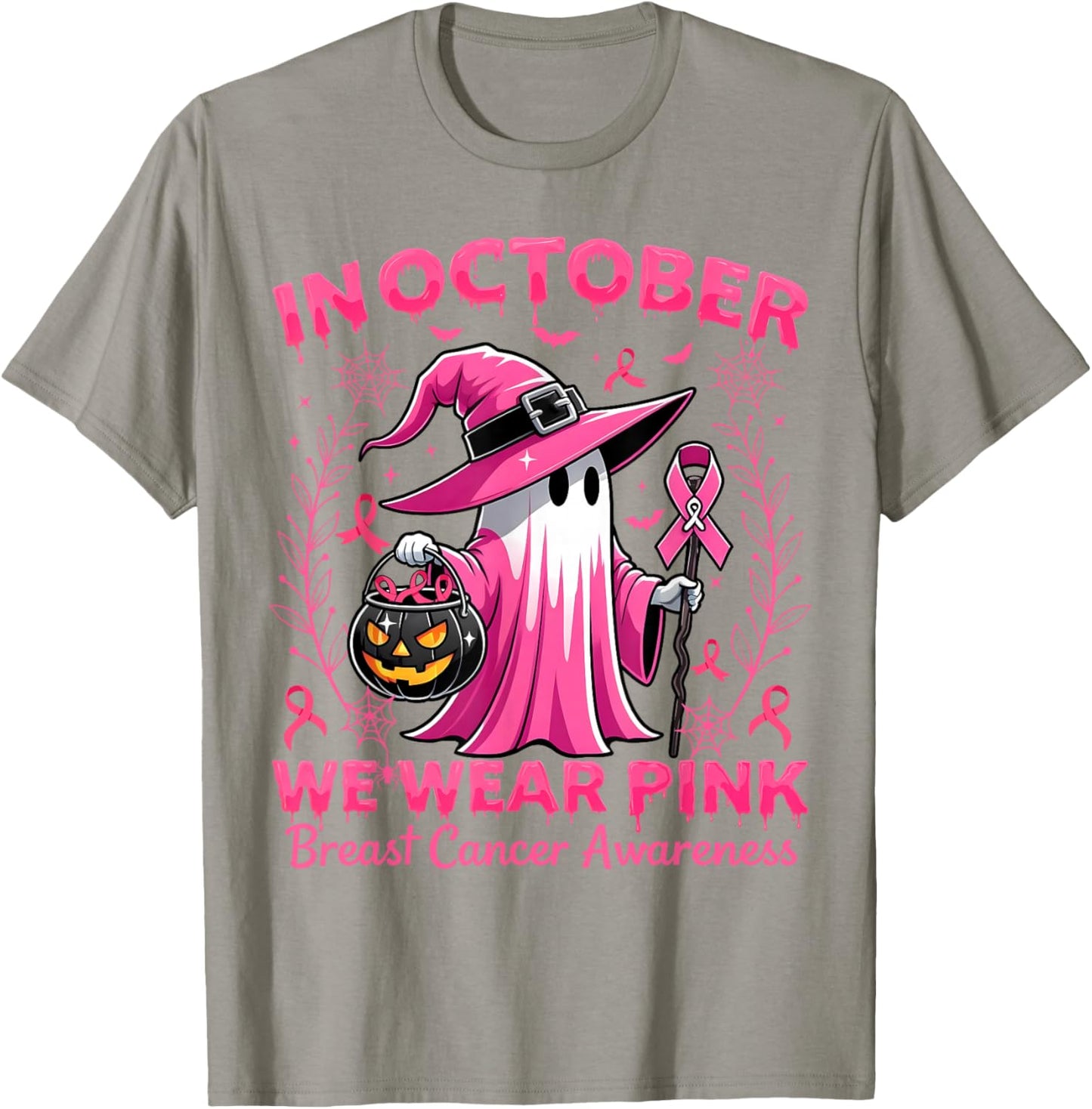 In October We Wear Pink Breast Cancer Awareness Halloween T-Shirt - T-Shirt | Sand