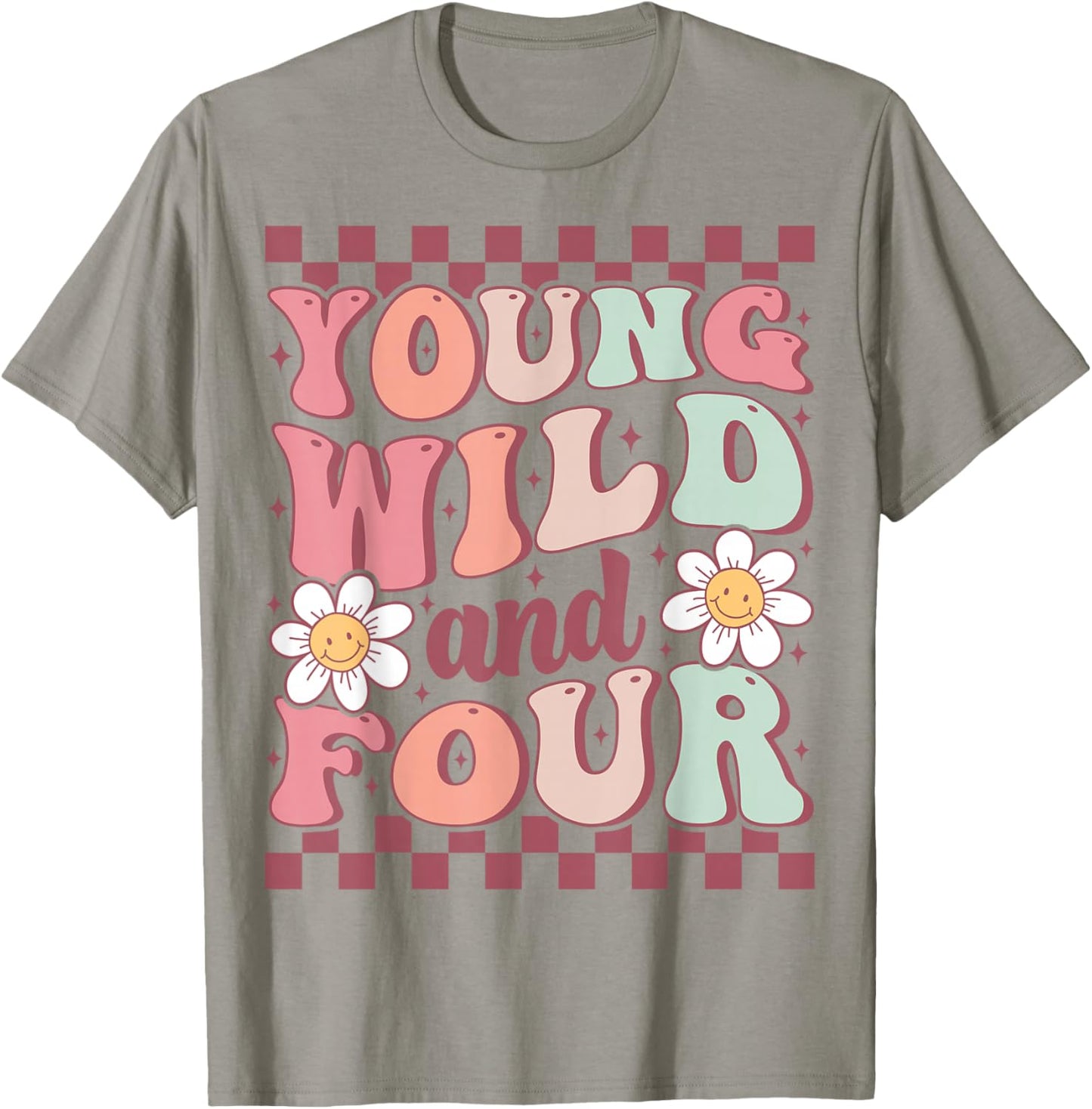 Young Wild And Four Cute Daisy Groovy 4th Birthday Party T-Shirt - T-Shirt | Sand