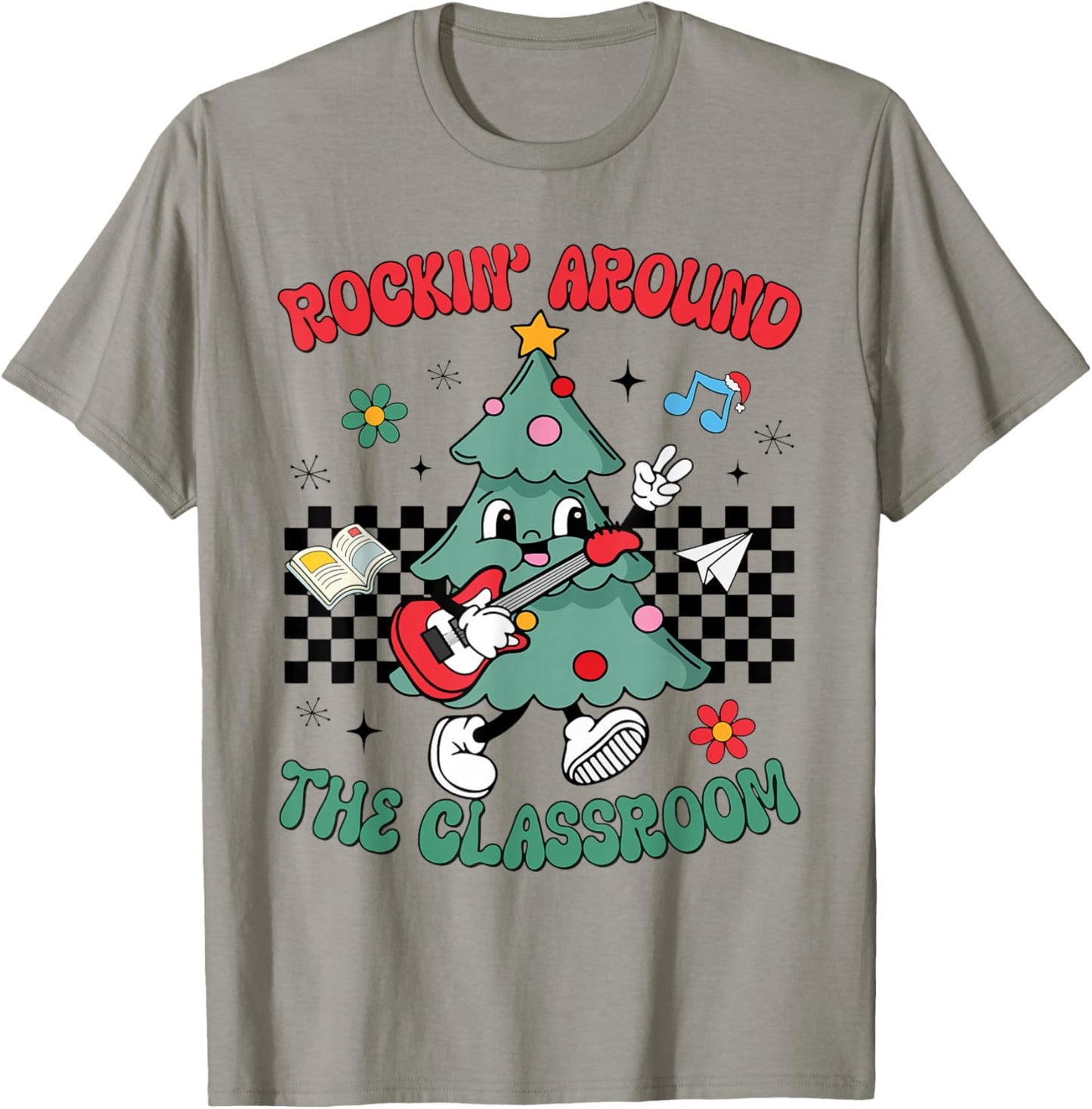 Retro Teacher Christmas Tree Rockin Around The Classroom T-Shirt - T-Shirt | Sand