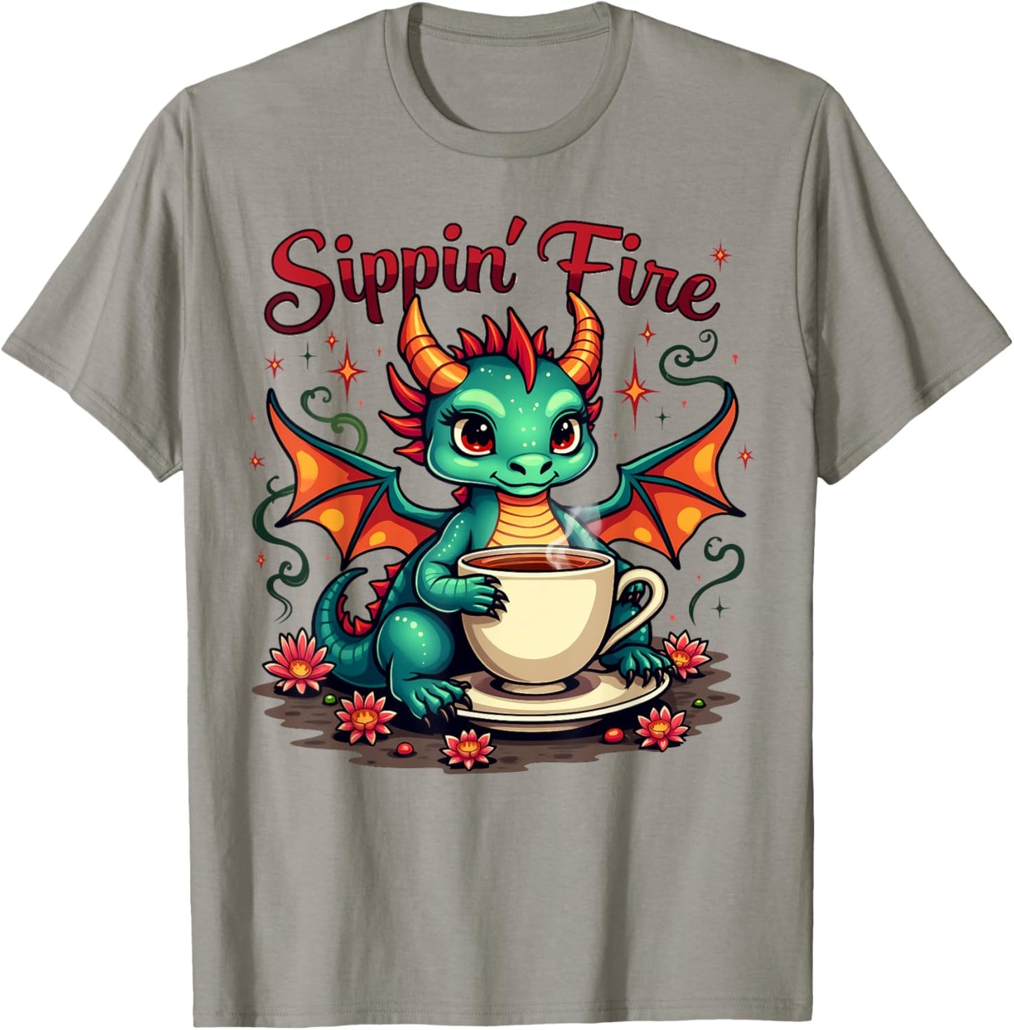 Sippin’ Fire Cute Dragon Tea Lover T-Shirt - T-Shirt | Sand
