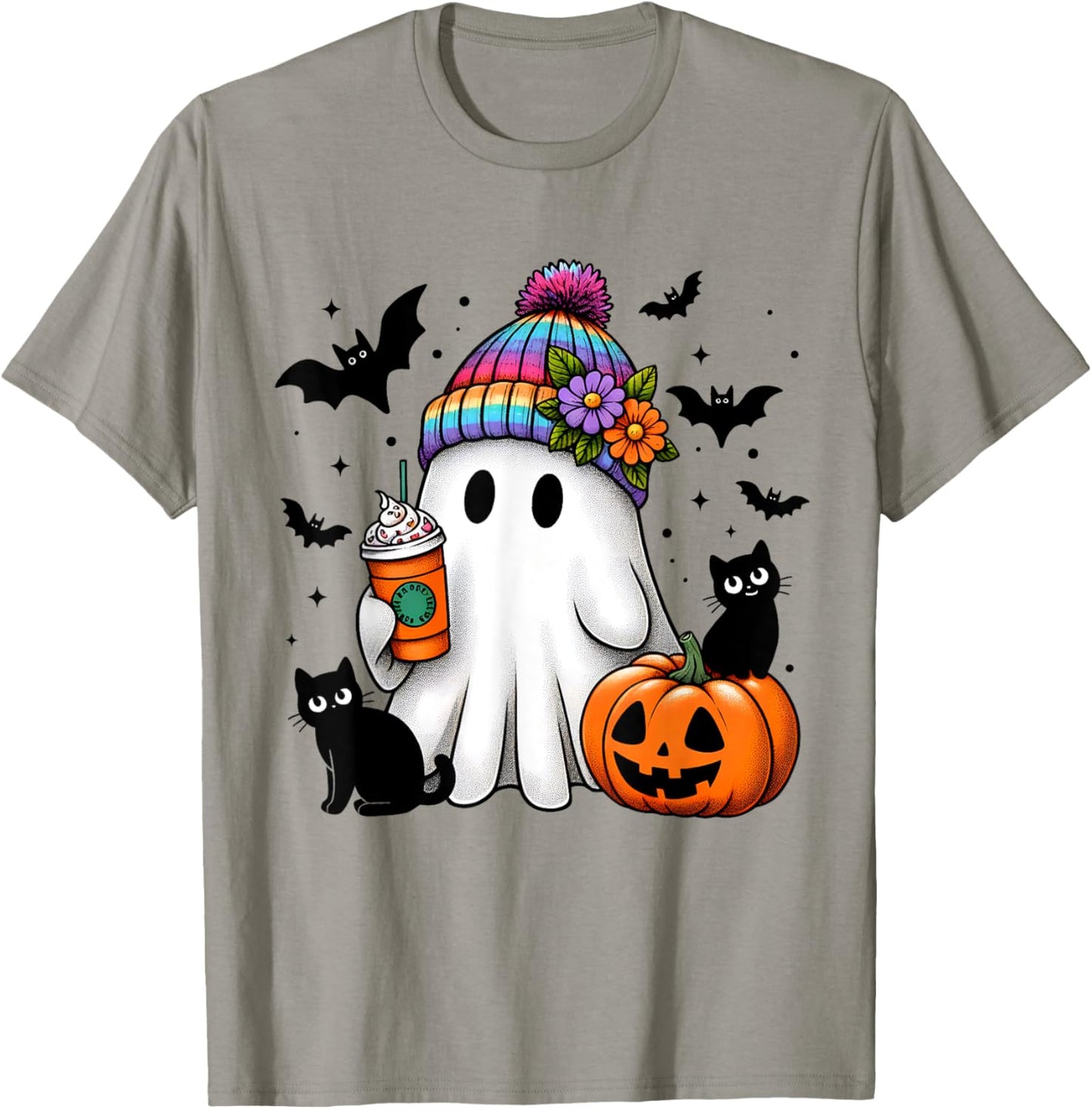Cute Ghost Drinking Coffee Black Cat Ghost Pumpkin Halloween Men Women Kids T-Shirt - T-Shirt | Sand