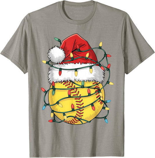 Funny Christmas Softball Santa Hat Girls Xmas Lights T-Shirt - T-Shirt | Sand