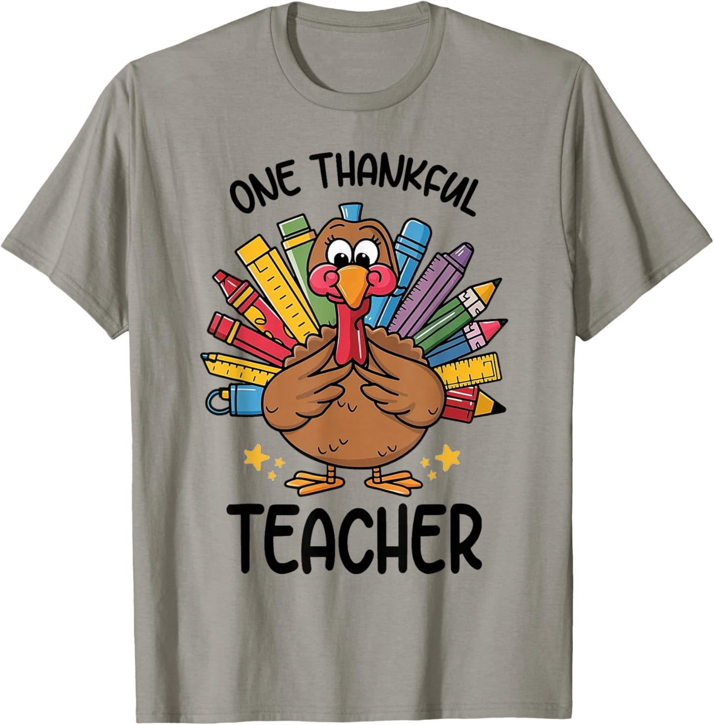 One Thankful Teacher Thanksgiving Turkey, Cute Crayon Pencil T-Shirt - T-Shirt | Sand