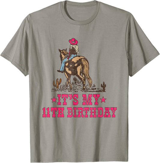 11 Year Old Cowgirl Riding Horse It's my 11th Birthday T-Shirt - T-Shirt | Sand
