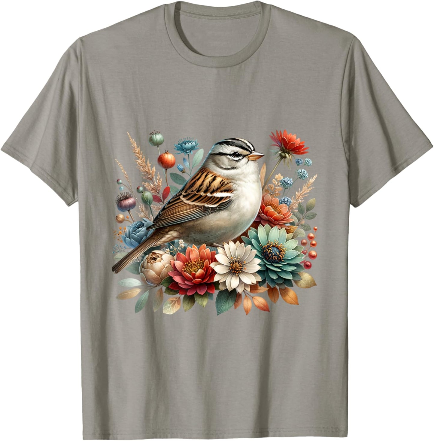 White-crowned Sparrow Vintage Floral Autumn Bird T-Shirt - T-Shirt | Sand
