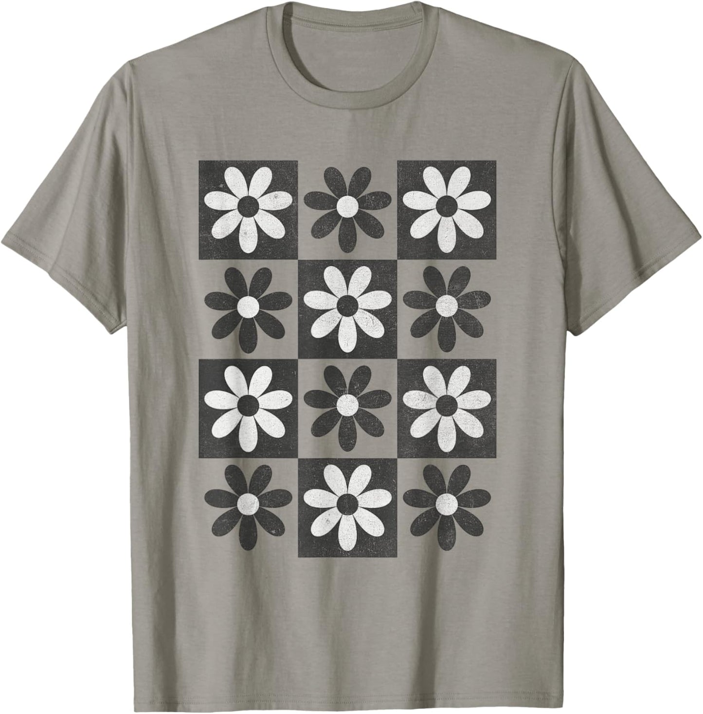 Retro Checkerboard Checkered Boho Flowers Floral T-Shirt - T-Shirt | Sand