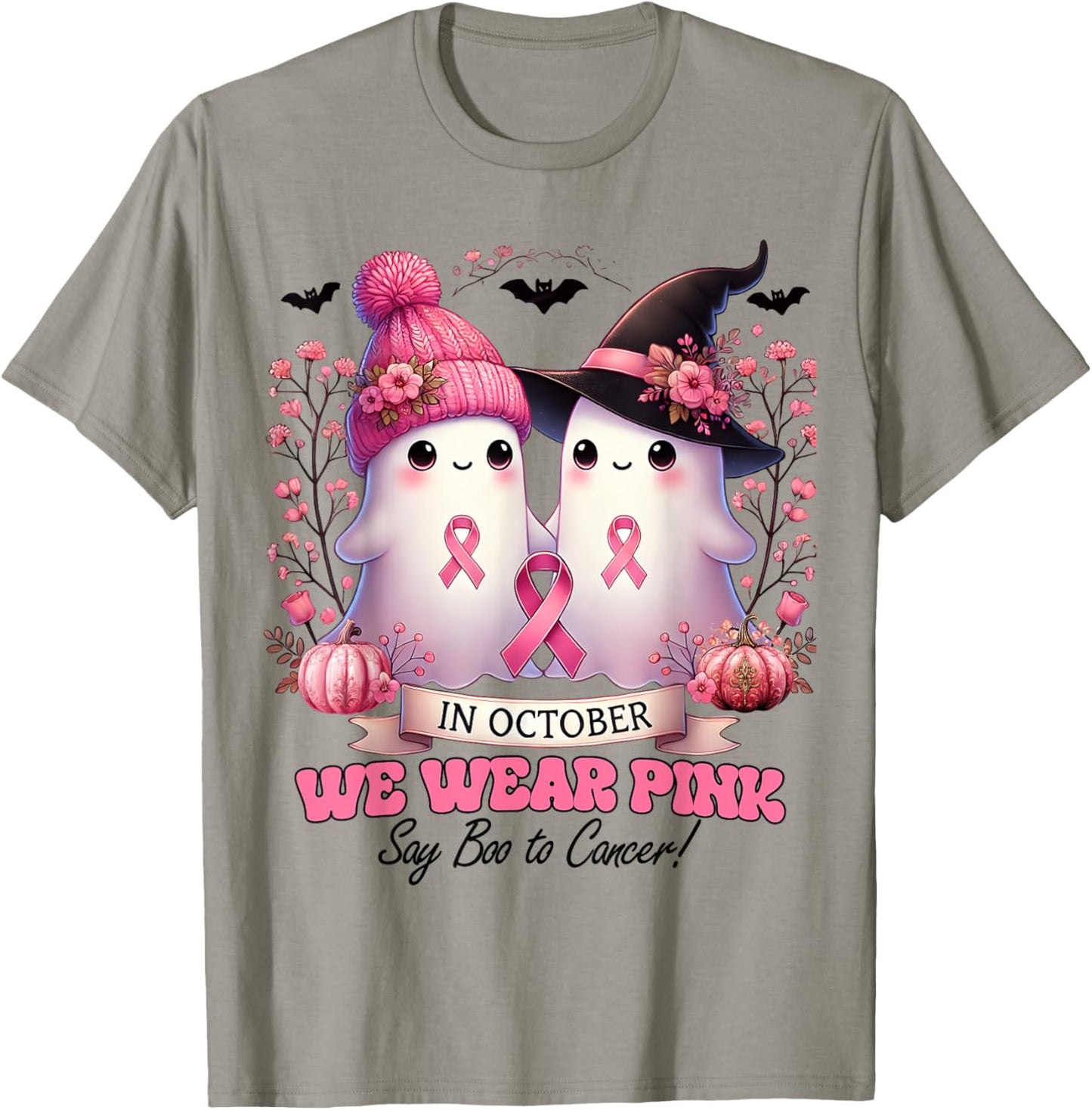In October We Wear Pink Witch Ghost Pumpkin Breast Cancer T-Shirt - T-Shirt | Sand