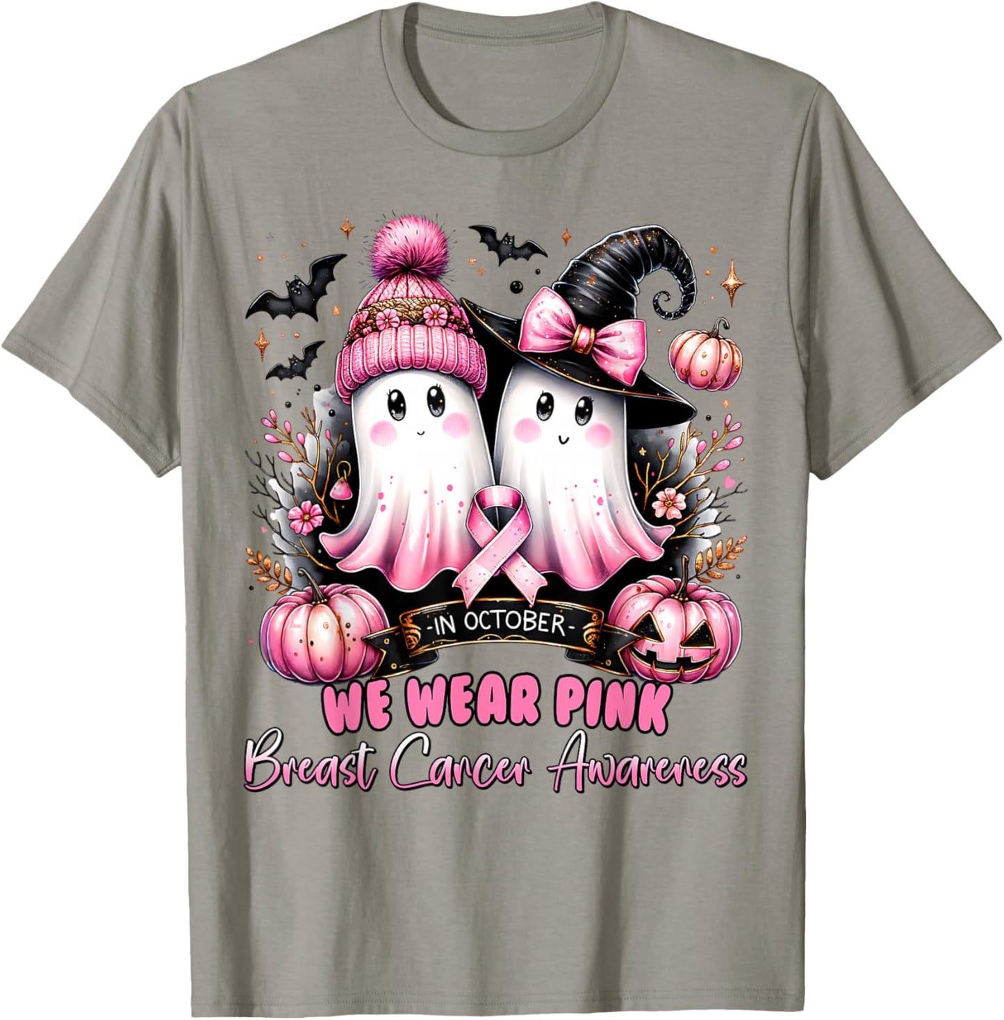 In October We Wear Pink Ghost Witch Breast Cancer Awareness T-Shirt - T-Shirt | Sand