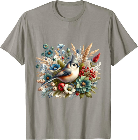 Tufted Titmouse Vintage Floral Wintery Bird T-Shirt - T-Shirt | Sand