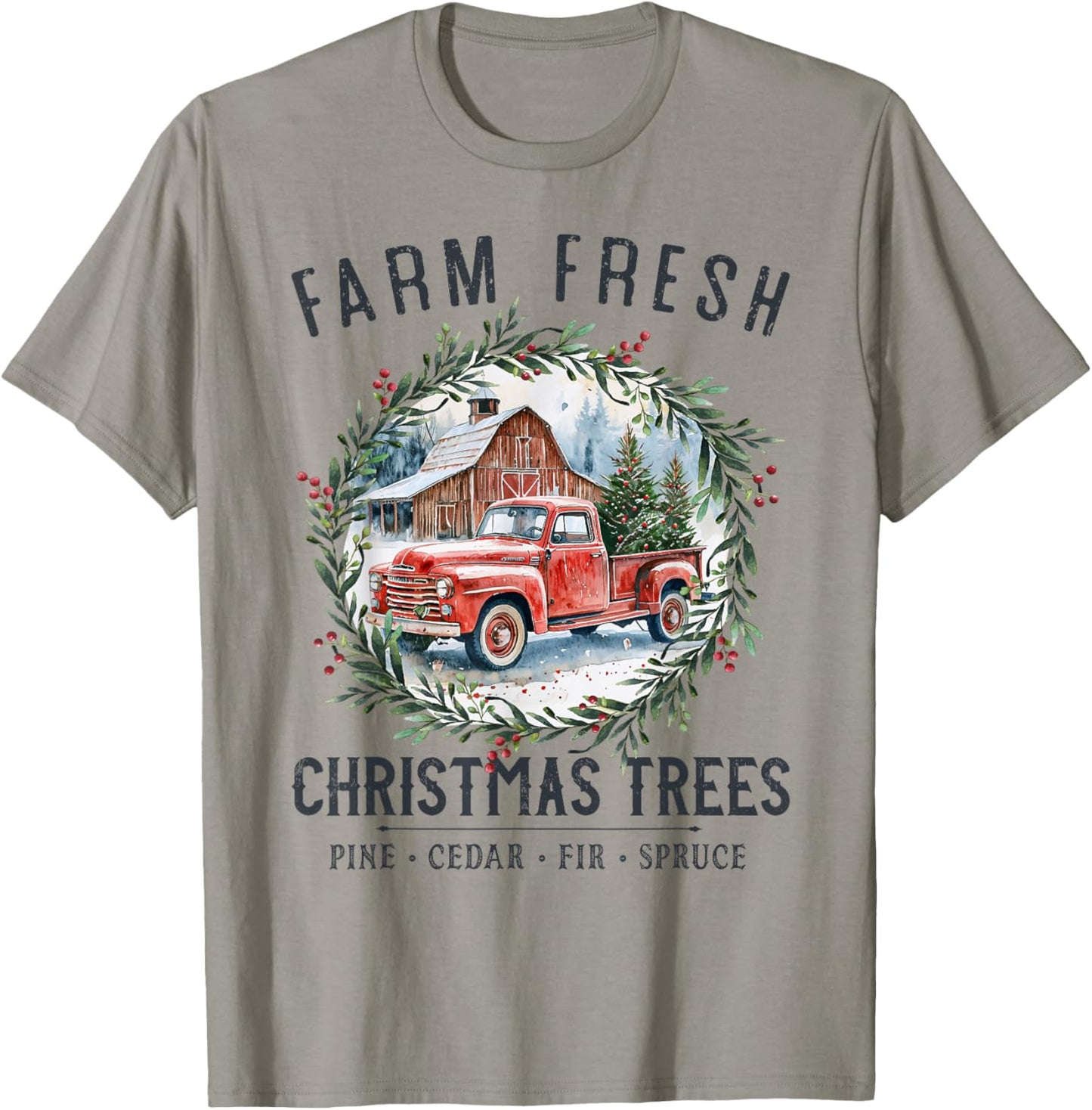 Farm Fresh Christmas Trees Vintage Red Truck and Barn T-Shirt - T-Shirt | Sand