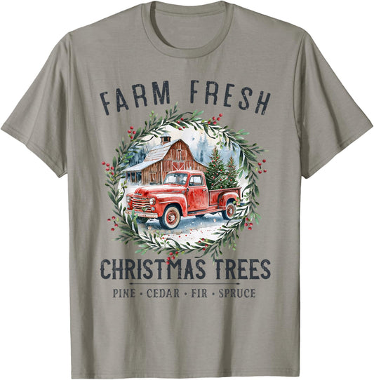 Farm Fresh Christmas Trees Vintage Red Truck and Barn T-Shirt - T-Shirt | Sand