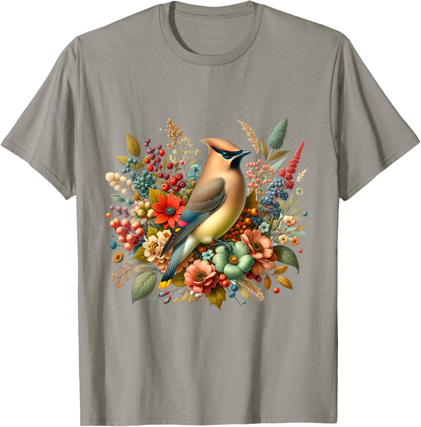 Cedar Waxwing Vintage Floral Autumn Bird T-Shirt - T-Shirt | Sand