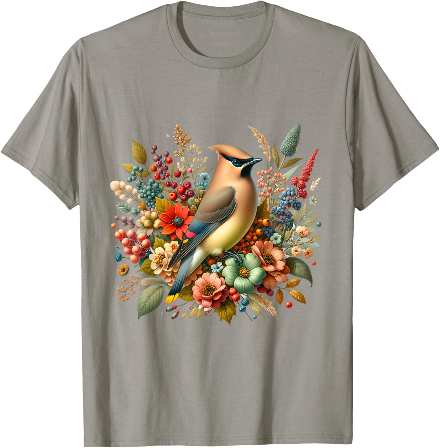 Cedar Waxwing Vintage Floral Autumn Bird T-Shirt - T-Shirt | Sand
