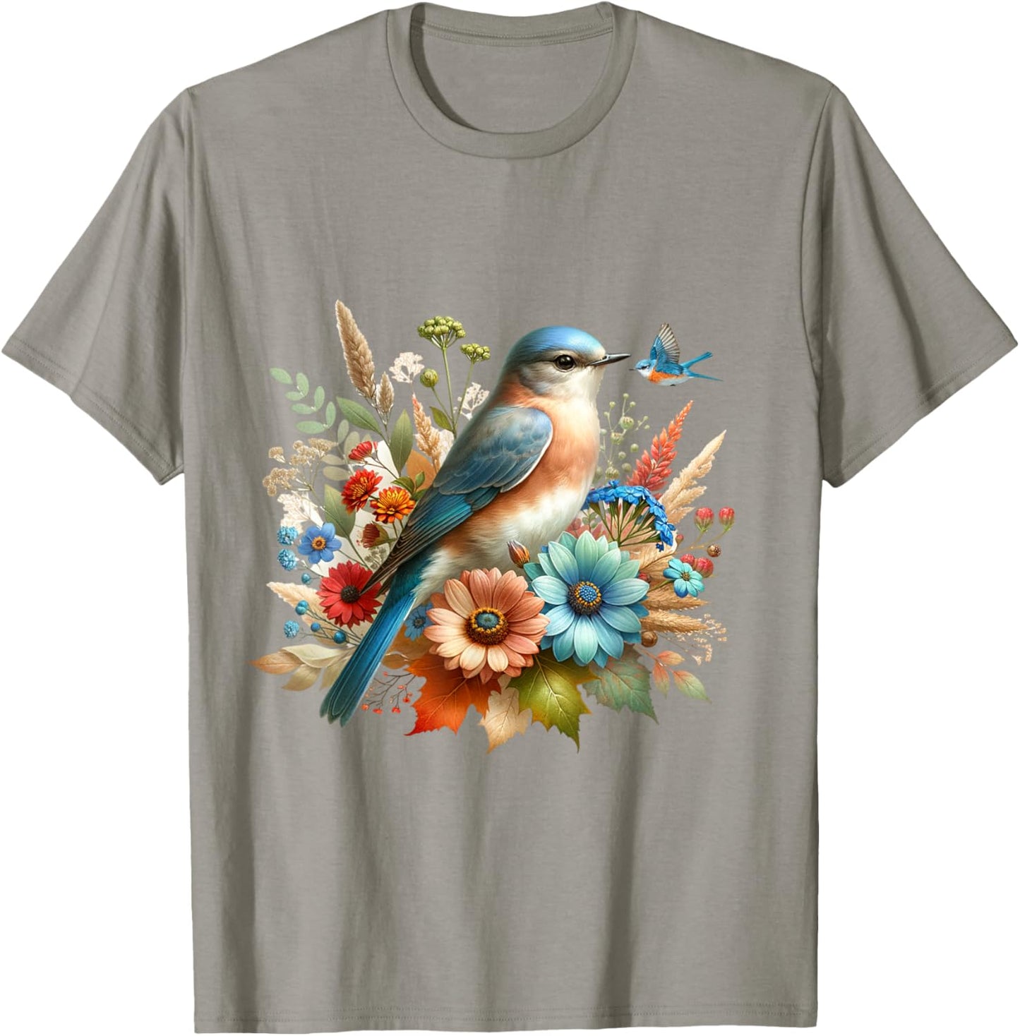 Eastern Bluebird Vintage Floral Autumn Bird T-Shirt - T-Shirt | Sand