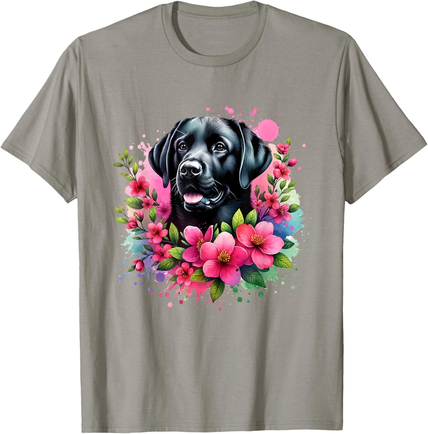 Watercolor Cute Black Labrador Dog Mom Pink Flowers Women Kids T-Shirt - T-Shirt | Sand
