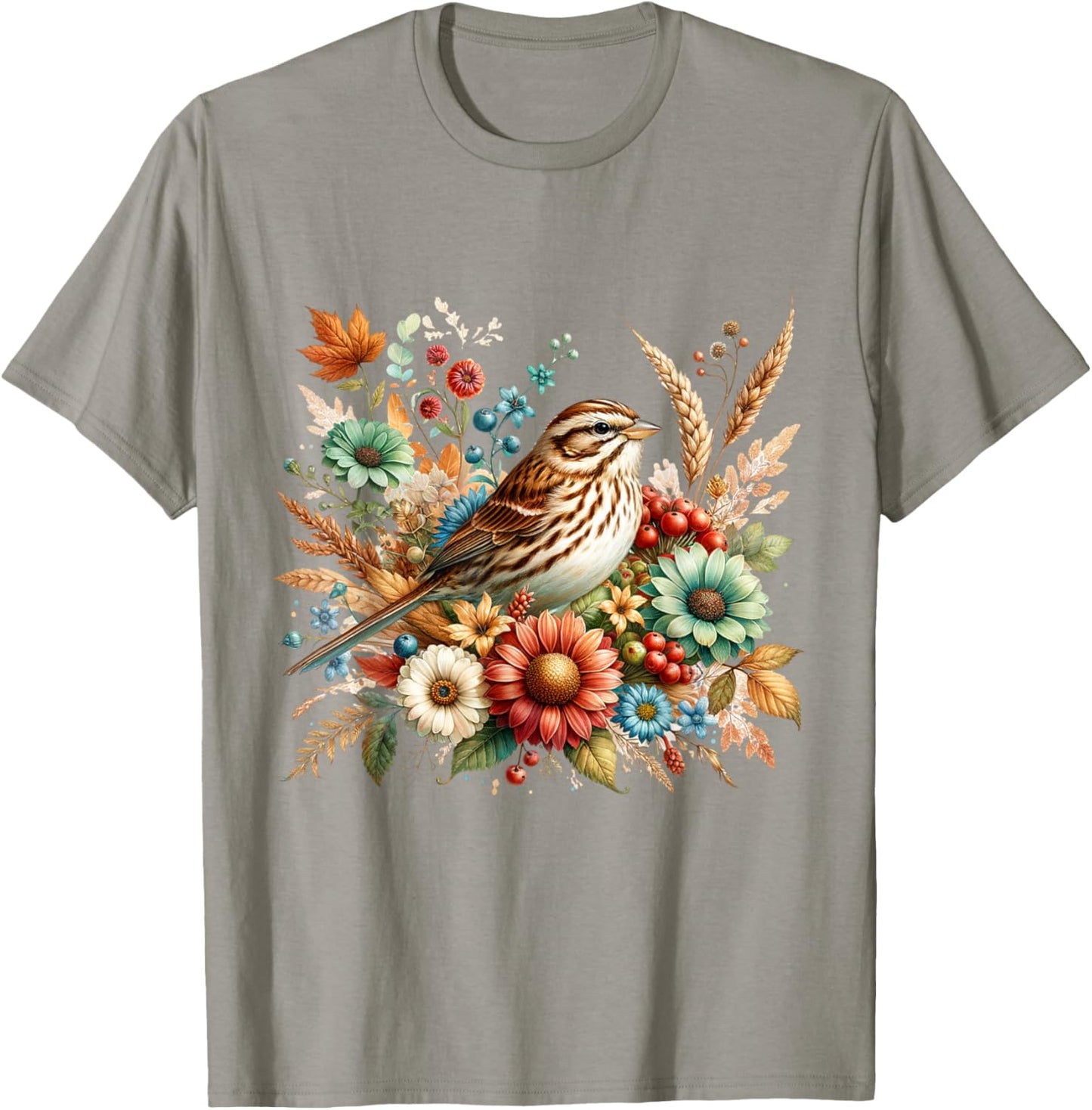 Song Sparrow Vintage Floral Autumn Bird T-Shirt - T-Shirt | Sand