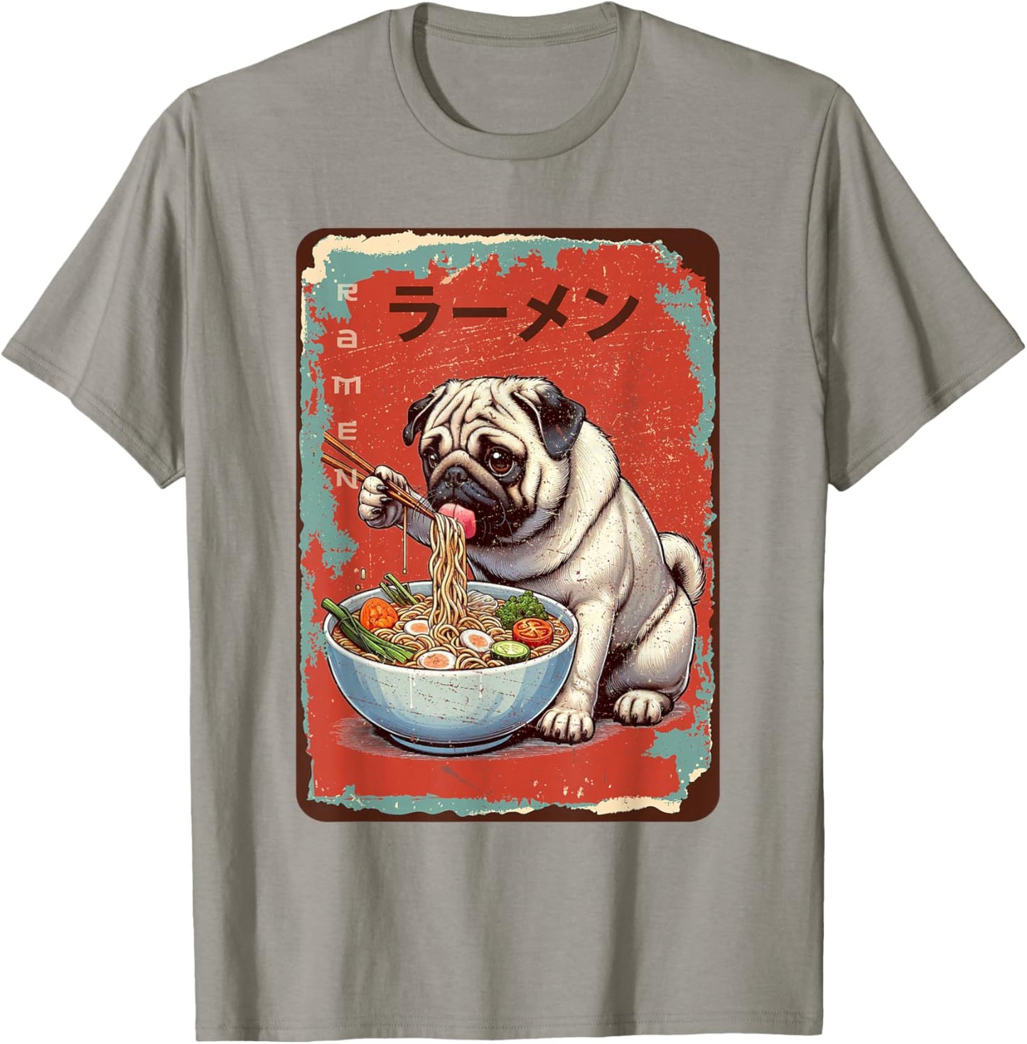 Pug Dog Eating Ramen Japanese Noodles Soup T-Shirt - T-Shirt | Sand
