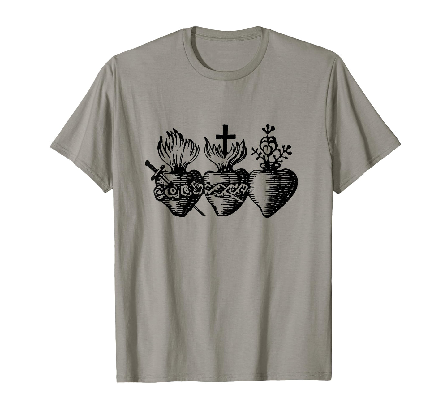 Sacred Hearts of Jesus Mary and Joseph Catholic Etching T-Shirt