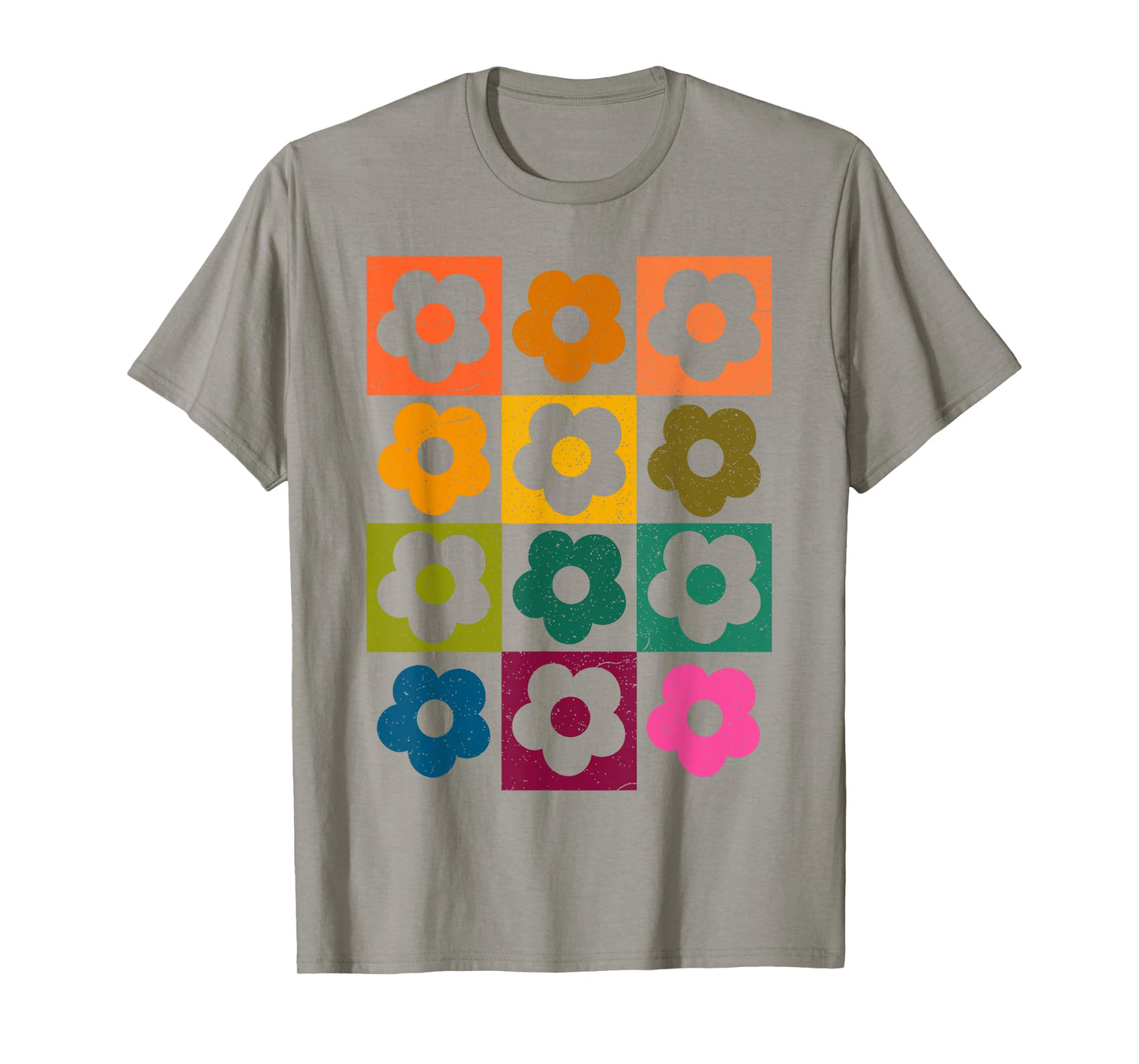 Neutral Checkerboard Daisy Color Flowers Retro Boho Floral T-Shirt